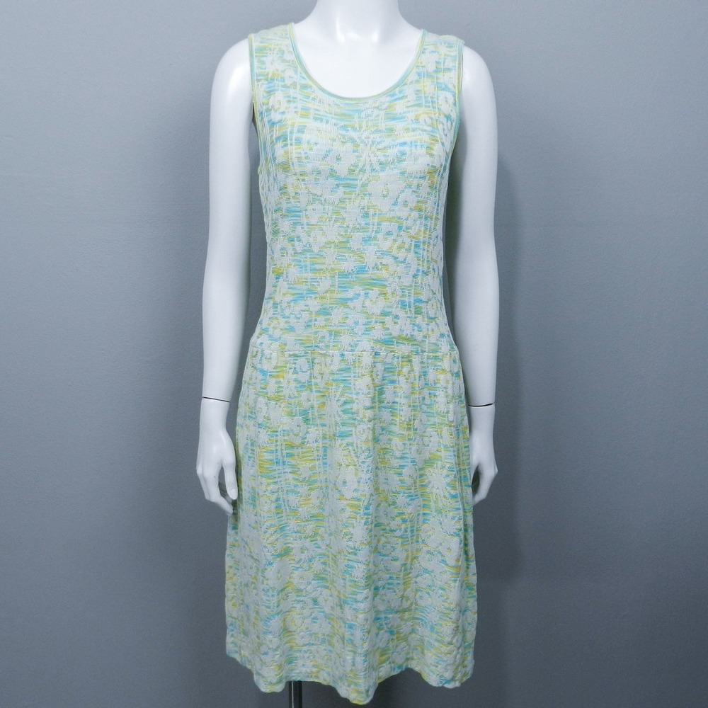 St. John Collection Jacquard Double Knit Dress Sz 4 Blue Yellow Floral Resort 08